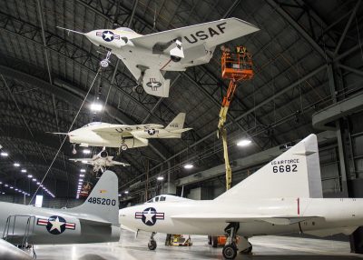 Northrop X-4 Bantam  Restoration staff move the Northrop X-4 Bantam aircraft into position within the R&D Gallery at the National Museum of the U.S. Air Force in November 2015. (U.S. Air Force photo) 