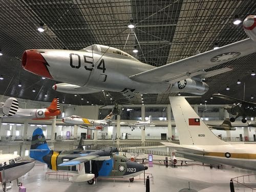 F-84G fighter and HU-16 among other aircraft on display at the Aviation Education Exhibition Center