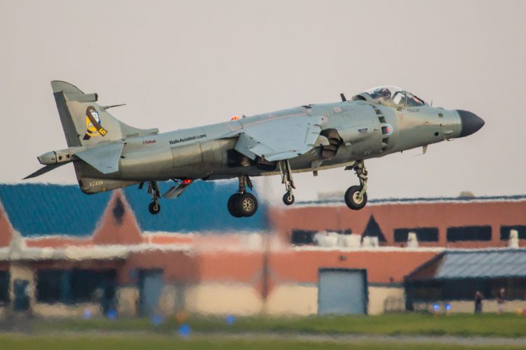 The Sea Harrier (SHAR) makes a vertical landing in the Reading, PA sunset - photo by David Eckert, Air Museum Network 