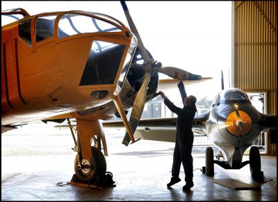 With one month until it goes on show to the public, an engineer installs a propellor on a 1942 Bristol Bolingbroke aircraft at the National Museum of Flight at East Fortune, East Lothian.  The aircraft will be displayed from 25 March in one of two restored Second World War hangars that have undergone a £3.6 million redevelopment. Picture by Paul Dodds