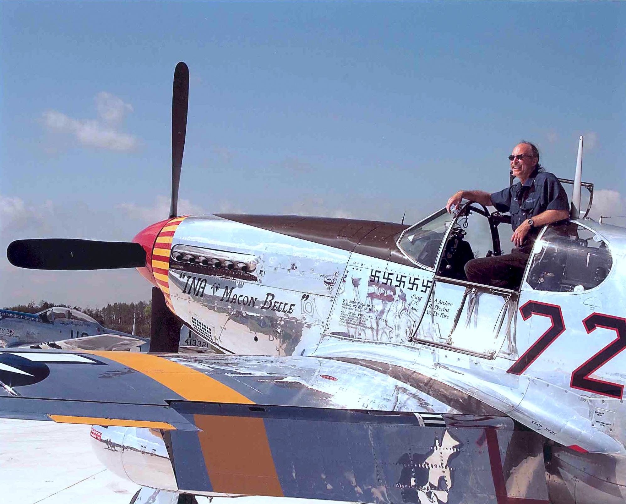 Fantasy of Flight owner and creator Kermit Weeks in his P-51C Mustang, ‘INA: The Macon Belle’  Click to enlarge.